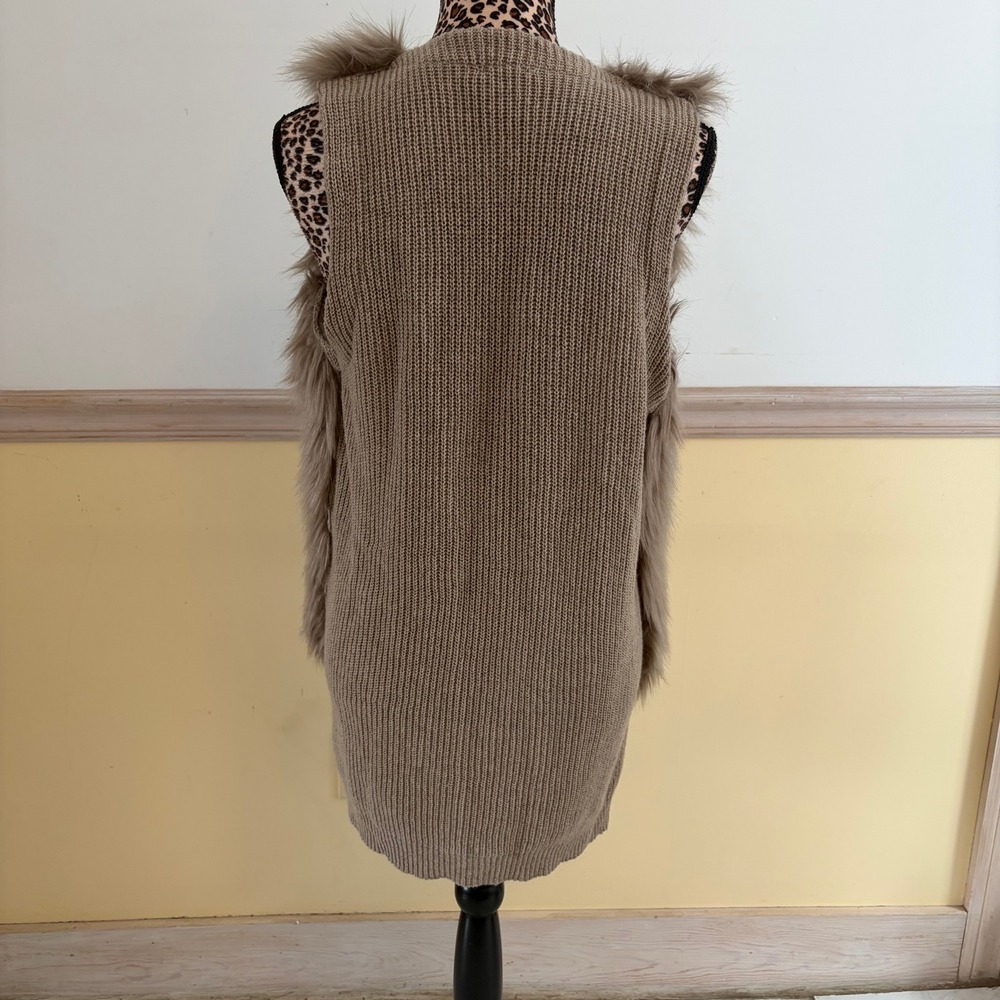 Cliche Couture Womens Faux Fur Front Knit Back Longline Vest Taupe Wool Mix Sz S - Picture 2 of 5